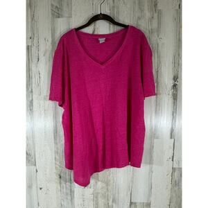 Chicos Top‎ Size 4 or XXL 100% Linen Fuchsia Hot Pink Asymmetrical Hem Vneck